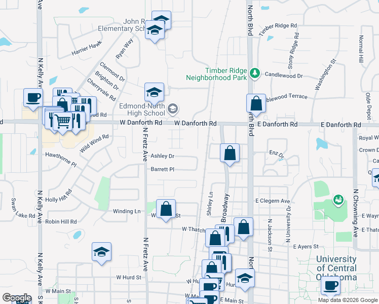 map of restaurants, bars, coffee shops, grocery stores, and more near 115 Ashley Drive in Edmond