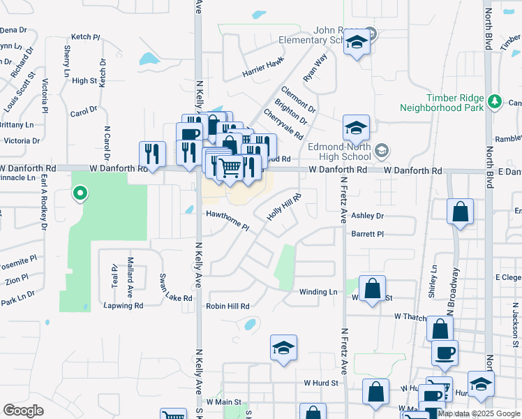 map of restaurants, bars, coffee shops, grocery stores, and more near 524 Wild Wind Road in Edmond