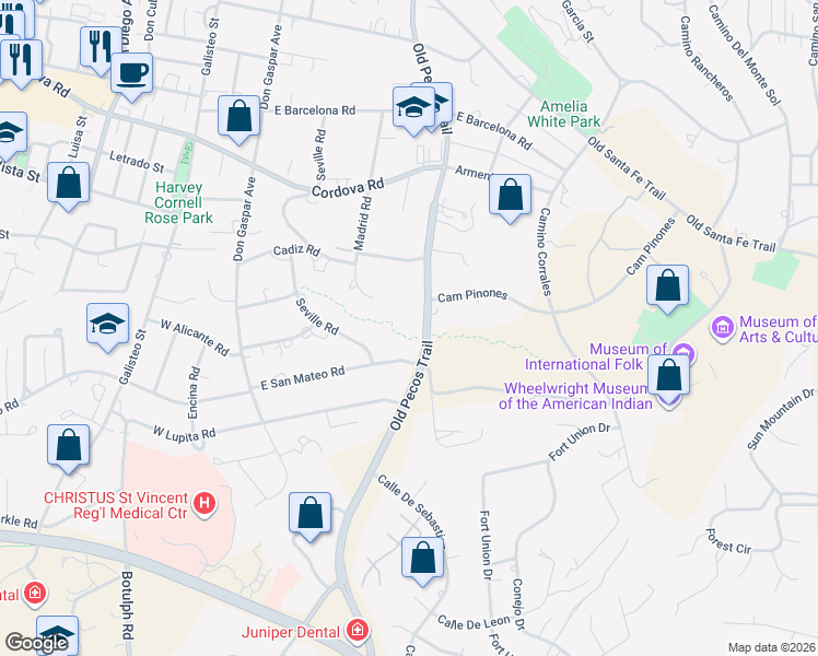 map of restaurants, bars, coffee shops, grocery stores, and more near 1450 Old Pecos Trail in Santa Fe