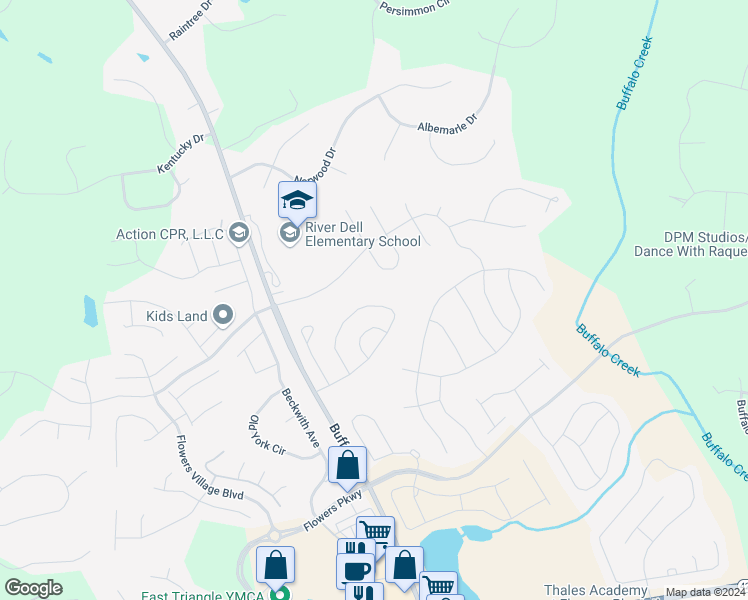 map of restaurants, bars, coffee shops, grocery stores, and more near 366 Bramble Lane in Clayton