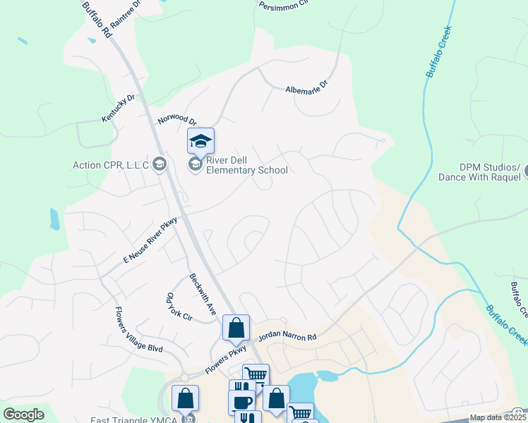 map of restaurants, bars, coffee shops, grocery stores, and more near 82 Needham Lane in Clayton