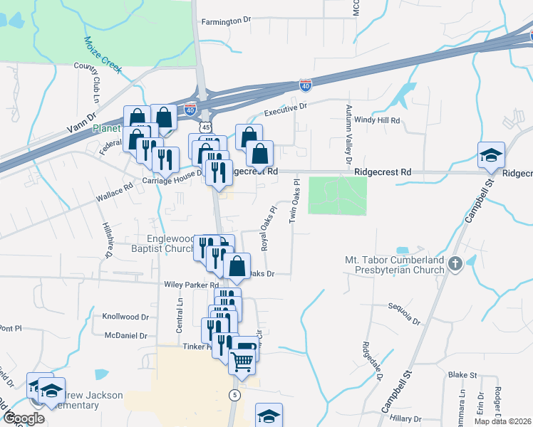 map of restaurants, bars, coffee shops, grocery stores, and more near 84 Royal Oaks Place in Jackson