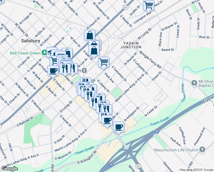 map of restaurants, bars, coffee shops, grocery stores, and more near 504 East Liberty Street in Salisbury