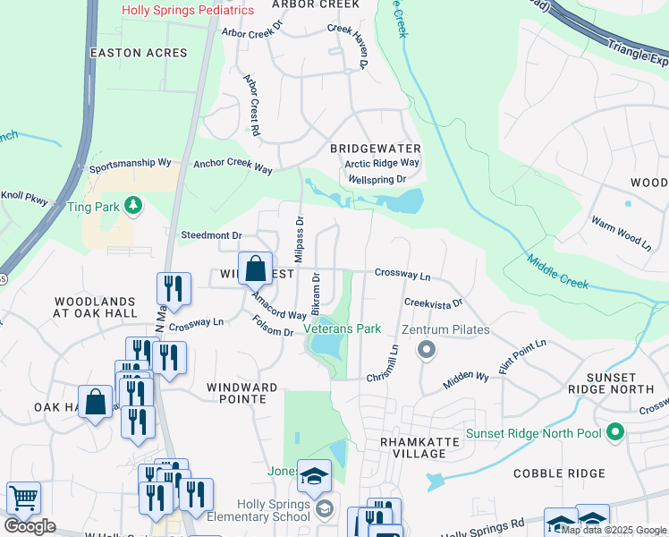 map of restaurants, bars, coffee shops, grocery stores, and more near 269 Apple Drupe Way in Holly Springs