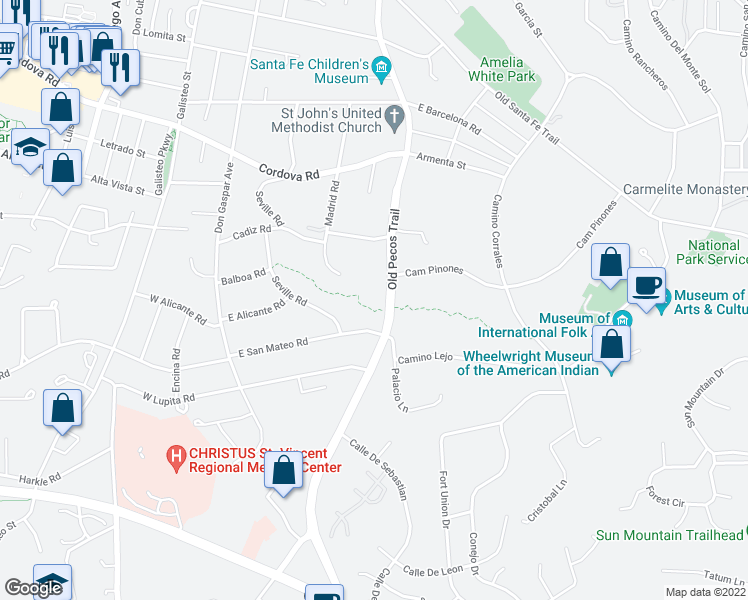 map of restaurants, bars, coffee shops, grocery stores, and more near 1450 Old Pecos Trail in Santa Fe