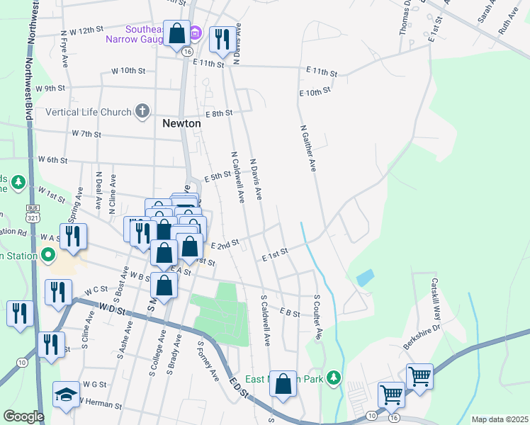 map of restaurants, bars, coffee shops, grocery stores, and more near 300 North Ervin Avenue in Newton