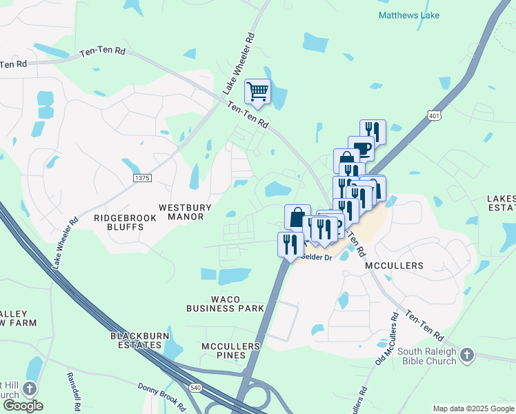 map of restaurants, bars, coffee shops, grocery stores, and more near 5705 Agrinio Way in Raleigh