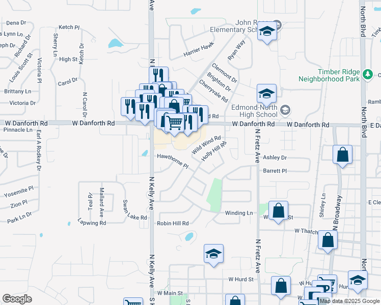map of restaurants, bars, coffee shops, grocery stores, and more near 535 Wild Wind Road in Edmond