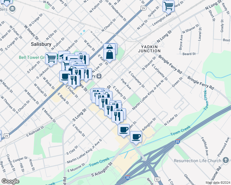 map of restaurants, bars, coffee shops, grocery stores, and more near 431 East Liberty Street in Salisbury