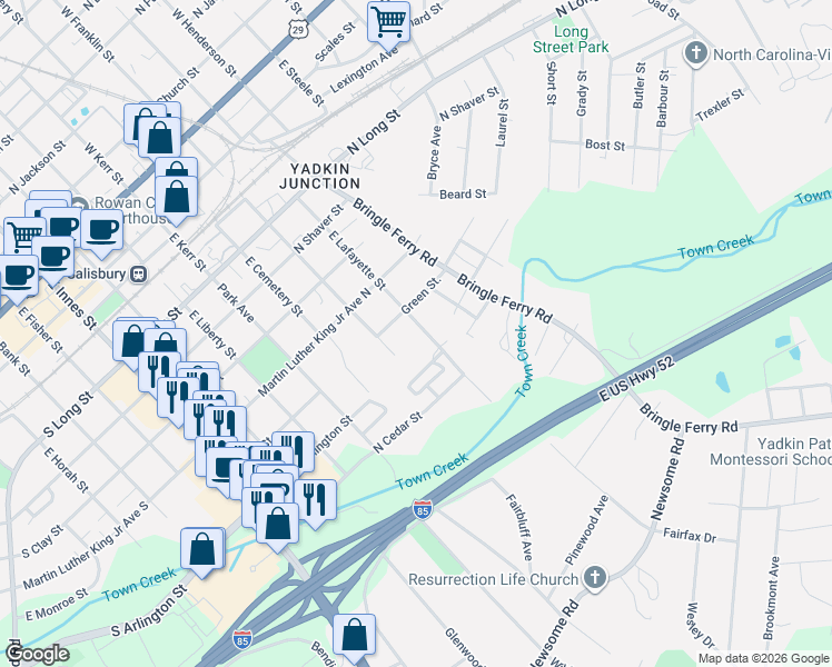 map of restaurants, bars, coffee shops, grocery stores, and more near 827 East Lafayette Street in Salisbury