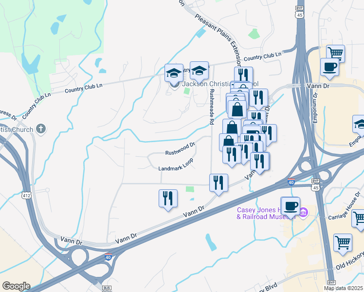 map of restaurants, bars, coffee shops, grocery stores, and more near 75 Rushwood Drive in Jackson