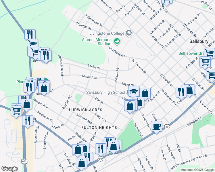 map of restaurants, bars, coffee shops, grocery stores, and more near 729 Grace Street in Salisbury
