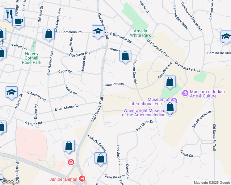 map of restaurants, bars, coffee shops, grocery stores, and more near 510 Camino Pinones in Santa Fe