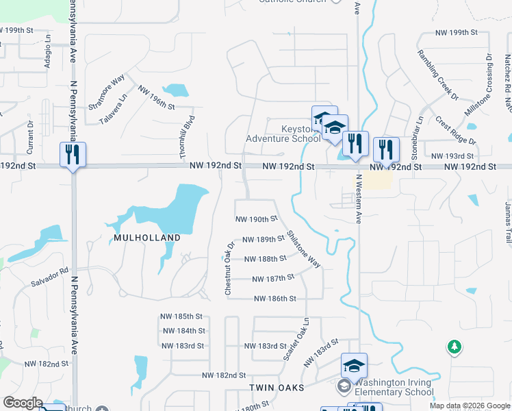 map of restaurants, bars, coffee shops, grocery stores, and more near 1308 Northwest 191st Street in Edmond