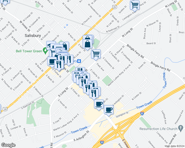 map of restaurants, bars, coffee shops, grocery stores, and more near 421 East Liberty Street in Salisbury
