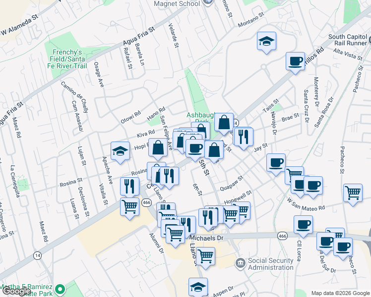 map of restaurants, bars, coffee shops, grocery stores, and more near 1824 Puye Road in Santa Fe