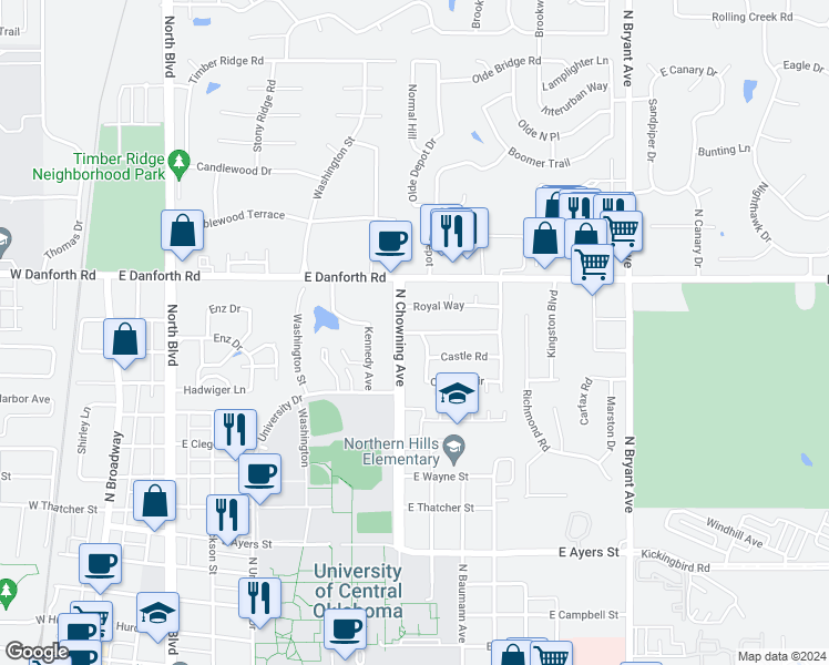 map of restaurants, bars, coffee shops, grocery stores, and more near 901 Crown Drive in Edmond