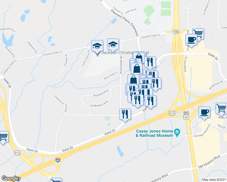 map of restaurants, bars, coffee shops, grocery stores, and more near 38 Landmark Loop in Jackson