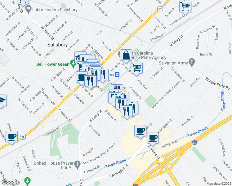 map of restaurants, bars, coffee shops, grocery stores, and more near 106 North Long Street in Salisbury