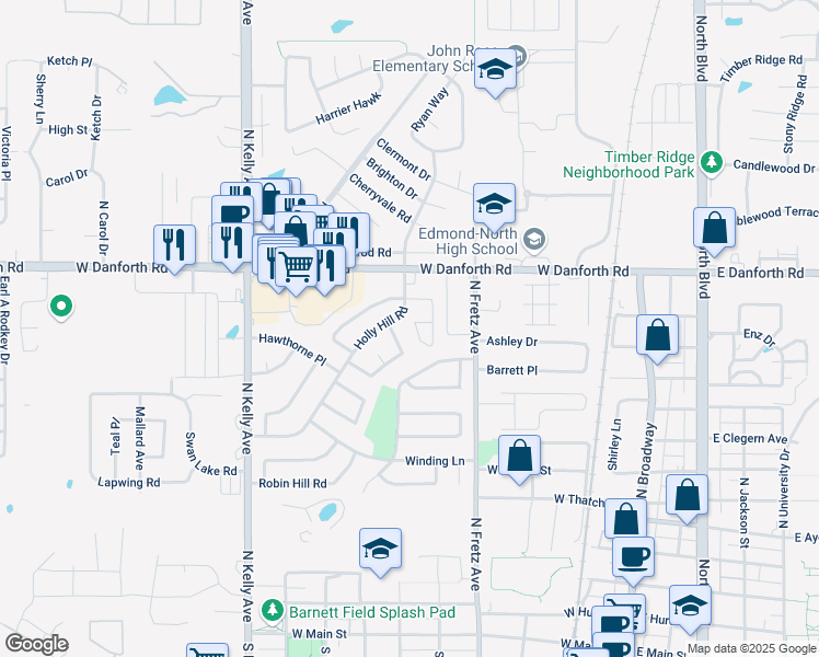 map of restaurants, bars, coffee shops, grocery stores, and more near 1041 Whitehouse Circle in Edmond