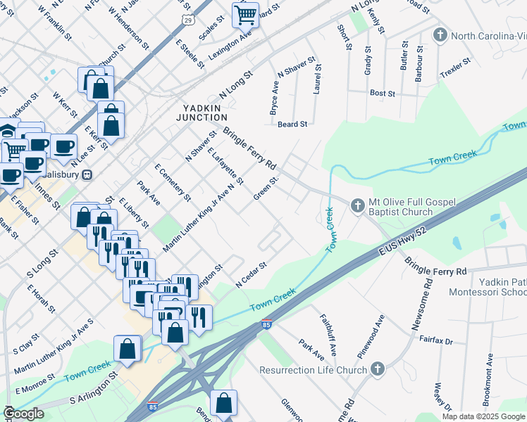 map of restaurants, bars, coffee shops, grocery stores, and more near 827 East Lafayette Street in Salisbury