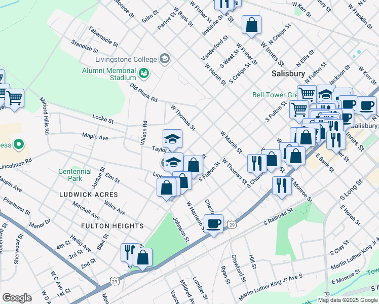 map of restaurants, bars, coffee shops, grocery stores, and more near 521 West McCubbins Street in Salisbury