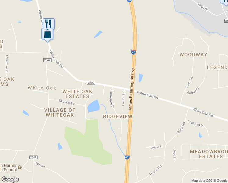 map of restaurants, bars, coffee shops, grocery stores, and more near 4101 Battle Field Drive in Garner