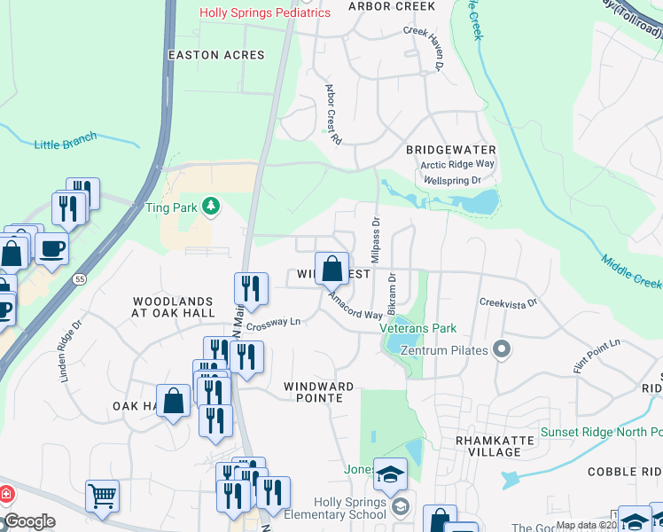 map of restaurants, bars, coffee shops, grocery stores, and more near 104 Palmdale Court in Holly Springs