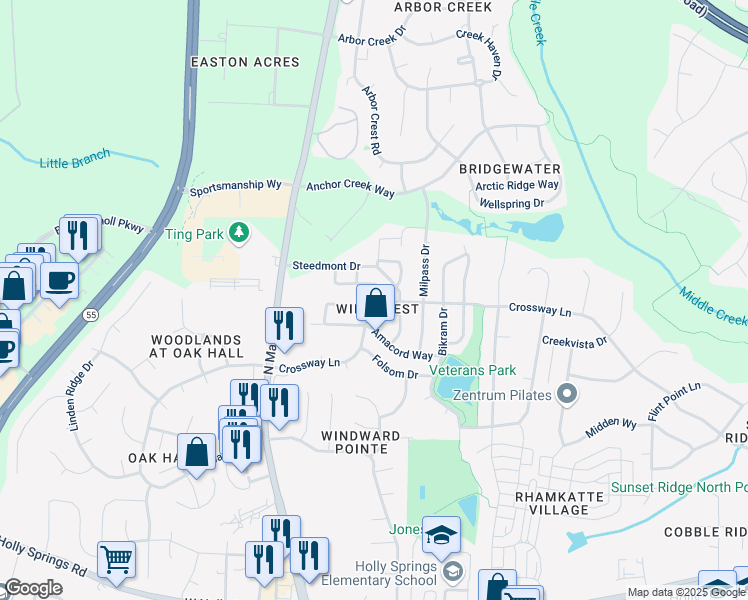 map of restaurants, bars, coffee shops, grocery stores, and more near 104 Palmdale Court in Holly Springs