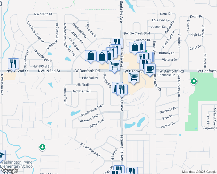 map of restaurants, bars, coffee shops, grocery stores, and more near 1101 Bradford Place in Edmond