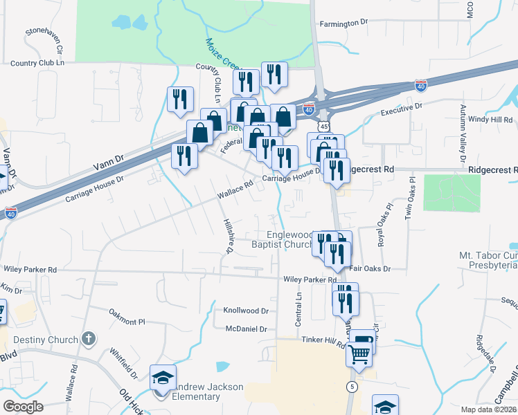 map of restaurants, bars, coffee shops, grocery stores, and more near 36 Sta-Les Cove in Jackson