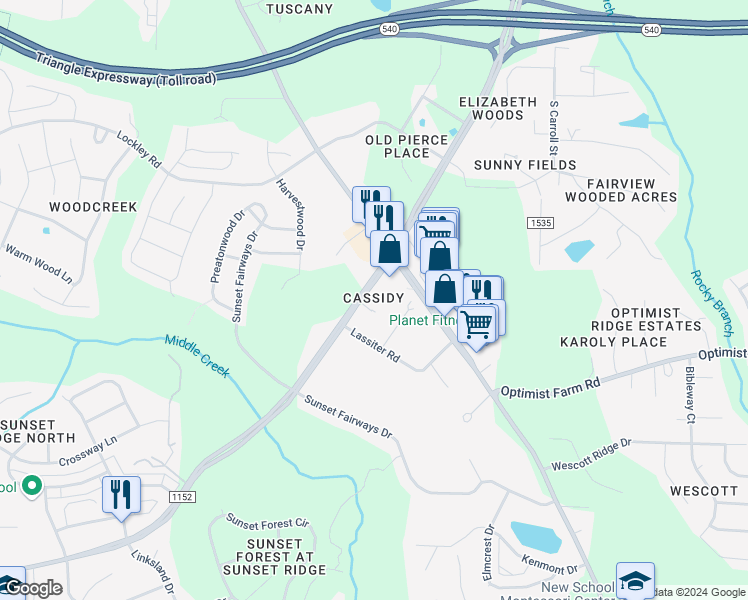 map of restaurants, bars, coffee shops, grocery stores, and more near 9817 Holly Springs Road in Holly Springs