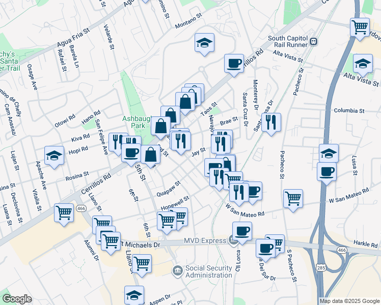 map of restaurants, bars, coffee shops, grocery stores, and more near 1711 Jay Street in Santa Fe