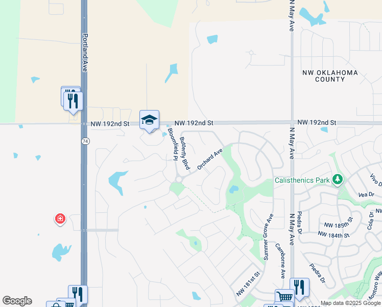 map of restaurants, bars, coffee shops, grocery stores, and more near 19204 Blossom Court in Edmond