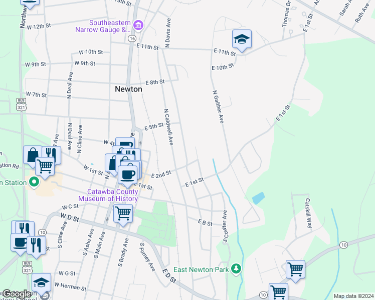 map of restaurants, bars, coffee shops, grocery stores, and more near 305 North Davis Avenue in Newton
