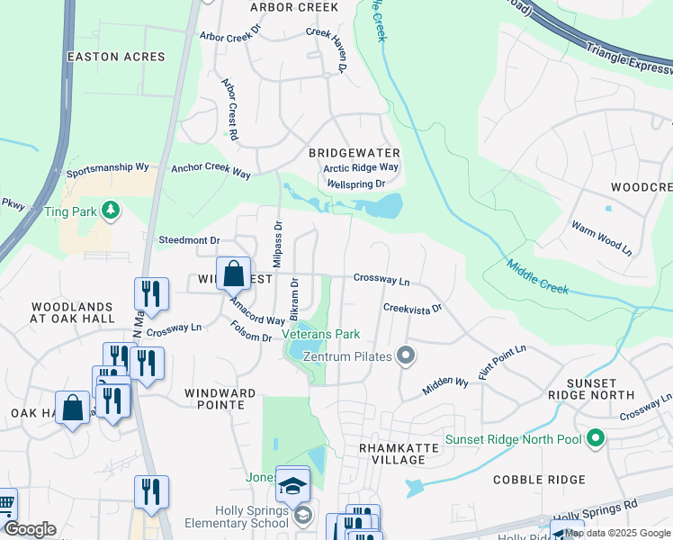 map of restaurants, bars, coffee shops, grocery stores, and more near 1000 Skymont Drive in Holly Springs