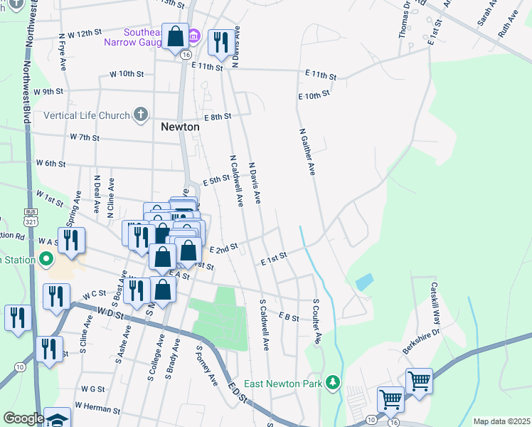 map of restaurants, bars, coffee shops, grocery stores, and more near 305 North Davis Avenue in Newton