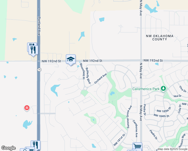 map of restaurants, bars, coffee shops, grocery stores, and more near 19204 Blossom Court in Edmond