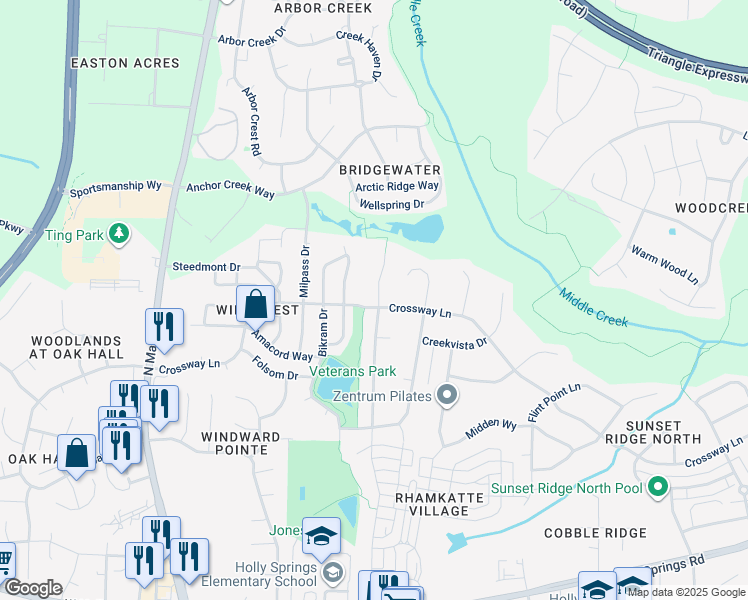map of restaurants, bars, coffee shops, grocery stores, and more near 1000 Skymont Drive in Holly Springs