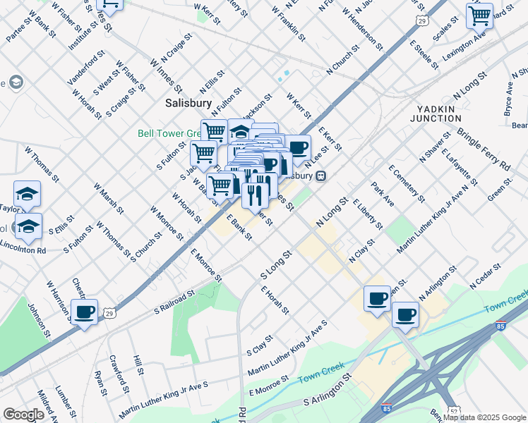 map of restaurants, bars, coffee shops, grocery stores, and more near 137 South Lee Street in Salisbury