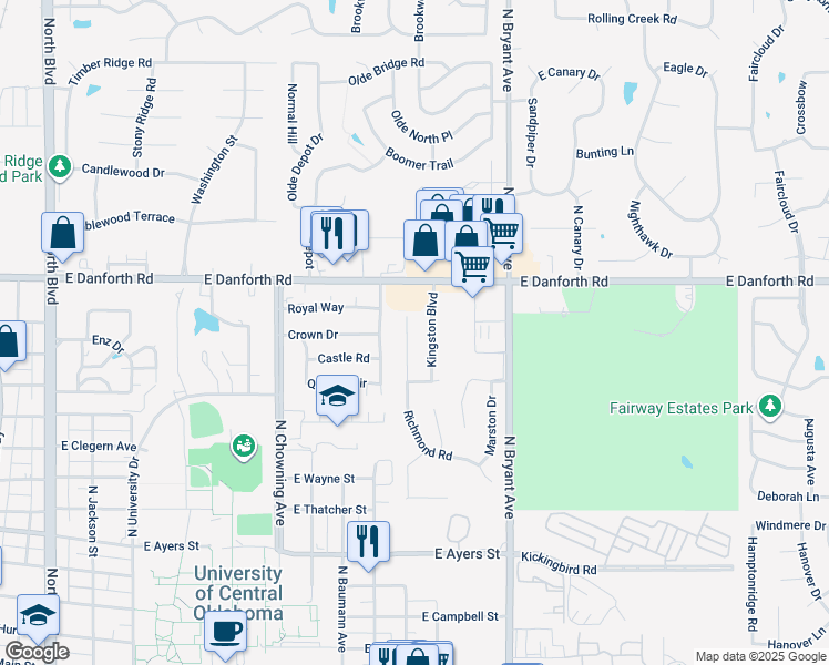 map of restaurants, bars, coffee shops, grocery stores, and more near 1104 Richmond Road in Edmond
