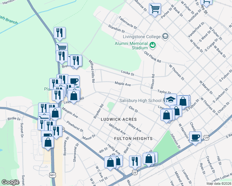 map of restaurants, bars, coffee shops, grocery stores, and more near 908 Lincolnton Road in Salisbury