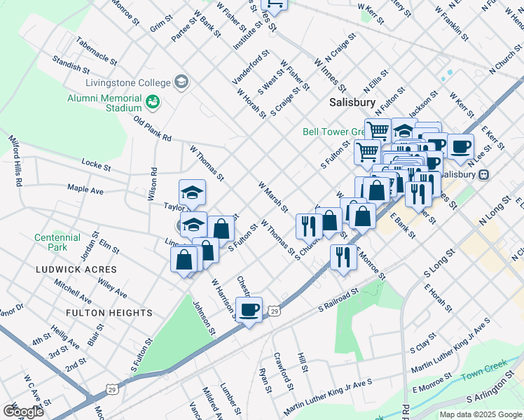 map of restaurants, bars, coffee shops, grocery stores, and more near 618 South Fulton Street in Salisbury