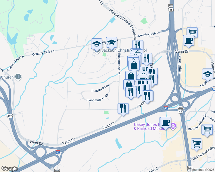 map of restaurants, bars, coffee shops, grocery stores, and more near 38 Landmark Loop in Jackson