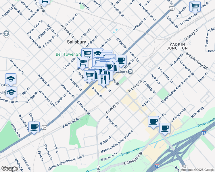 map of restaurants, bars, coffee shops, grocery stores, and more near 137 South Lee Street in Salisbury