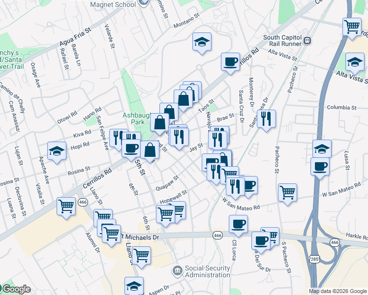 map of restaurants, bars, coffee shops, grocery stores, and more near 1711 Jay Street in Santa Fe