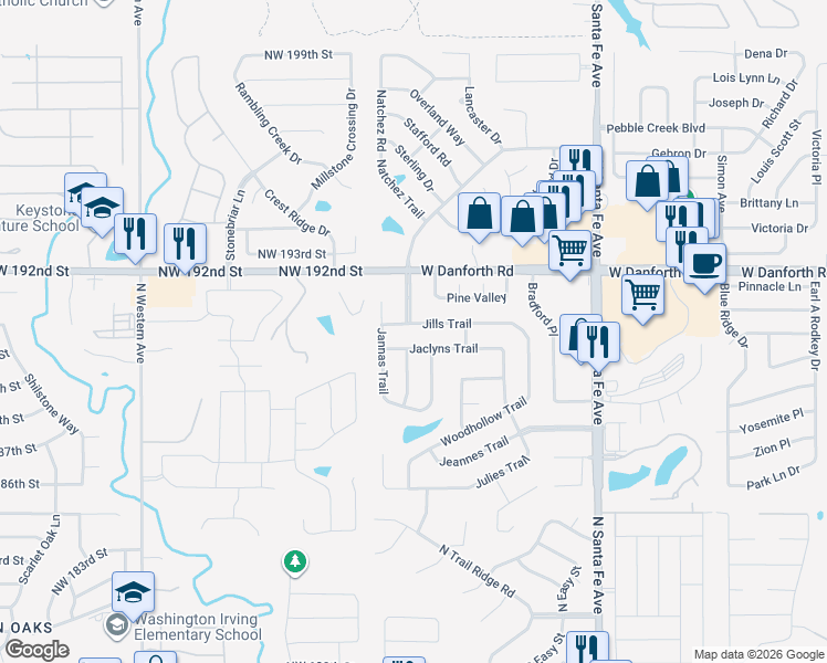 map of restaurants, bars, coffee shops, grocery stores, and more near 2808 Jills Trail in Edmond