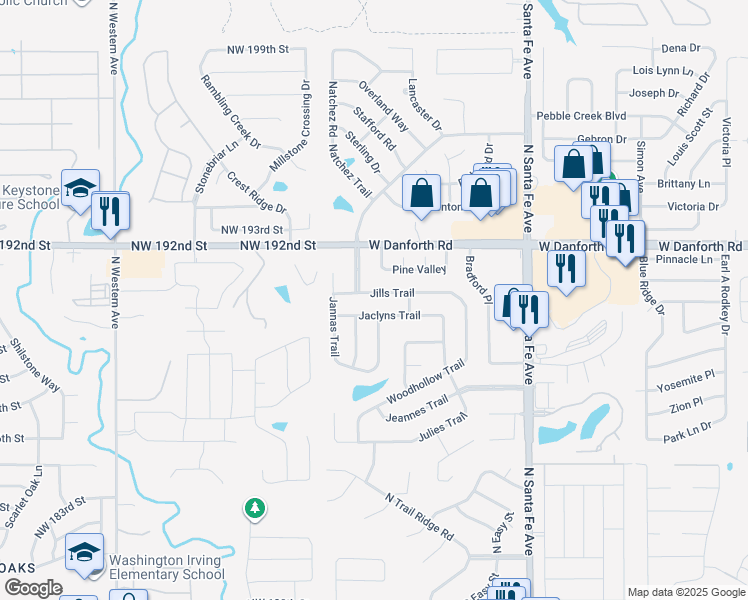 map of restaurants, bars, coffee shops, grocery stores, and more near 2808 Jills Trail in Edmond