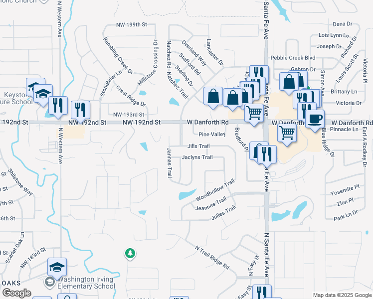 map of restaurants, bars, coffee shops, grocery stores, and more near 2808 Jills Trail in Edmond