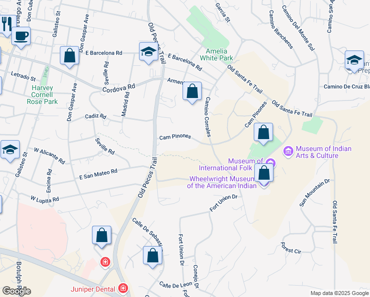map of restaurants, bars, coffee shops, grocery stores, and more near 510 Camino Pinones in Santa Fe
